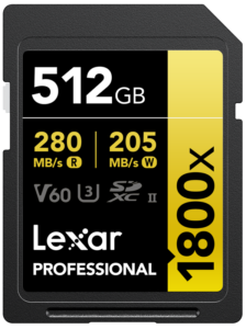800q-01_120867 Lexar Pro 1800x SDXC U3 (V60) UHS-II R280/W210 512 Gt:n muistikortissa on jopa 280 Mt/s luku- ja 210 Mt/s kirjoitusnopeus, V60- ja UHS-II-tuki sekä musta-keltainen etiketti.