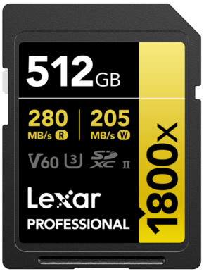 800q-01_120867 The Lexar Pro 1800x SDXC U3 (V60) UHS-II R280/W210 512GB memory card features up to 280MB/s read and 210MB/s write speeds, V60 and UHS-II support, and a black and yellow label.