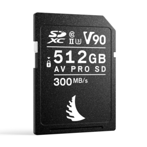 800q-01_121068 Musta ANGELBIRD 512GB AV Pro Mk 2 V90 UHS-II SDXC-muistikortti, jossa on valkoinen teksti "V90, 512GB, AV PRO SD, 300 MB/s" ja valkoinen logo alareunassa valkoisella pohjalla.
