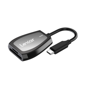 The Lexar LRW470U Cardreader SD & microSD UHS-II (USB-C) card reader features a compact rectangular design with a short black cable, USB-C connector and SD card slot on a white background.