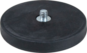 800q-01_121088 The Kupo KS-366 rubber-coated magnet has a round, flat black rubber base with a 1/4"-20 metal male thread protruding from the center, shown against a plain background.