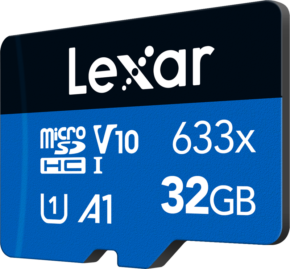 800q-01_121227 Blue and black Lexar 633X microSDHC/SDXC (V30) R100 32GB memory card with white text with specifications.