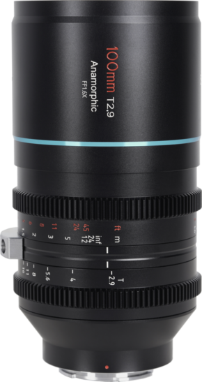A close-up of the Sirui Anamorphic Lens Venus 1.6x FF 100mm T2.9 E-Mount lens shows its black body, focus and aperture rings, distance markings and blue highlight ring near the top.