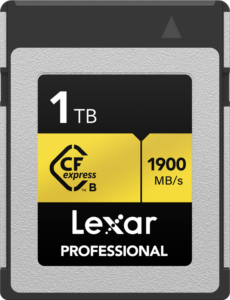 800q-01_121389 Lexar CFexpress Pro Gold R1900/W1500 1TB -muistikortti, nopeus jopa 1900 MB/s, musta-keltainen-hopeinen muotoilu.