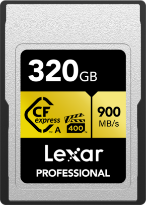 800q-01_121391 Lexar CFexpress Pro Gold R900/W800 - VPG400 Type-A 320 Gt:n muistikortti tarjoaa jopa 900 Mt/s nopeuden, ja siinä on keltainen ja musta etiketti, jossa on suorituskyky- ja merkkitiedot.