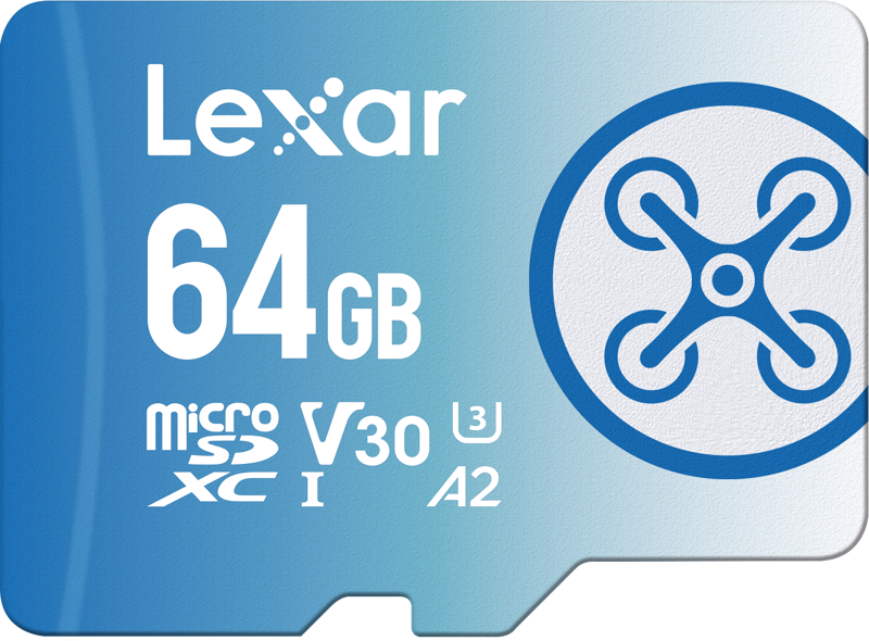 800q-01_121477 Lexar microSDXC FLY 1066x UHS-I/A2/U3 R160/W60MB (V30) 64GB -muistikortti on sinivalkoinen ja kuvioitu drone-kuvakkeella, ja se on merkitty V30-, A2- ja UHS-I-nopeusluokituksille.