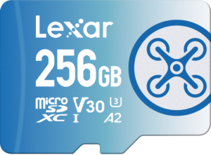 Sinivalkoinen Lexar microSDXC FLY 1066x 256GB -kortti, jossa on merkinnät V30, U3, A2, XC I, R160/W60MB-nopeudet ja oikealla puolella drone-kuvake.