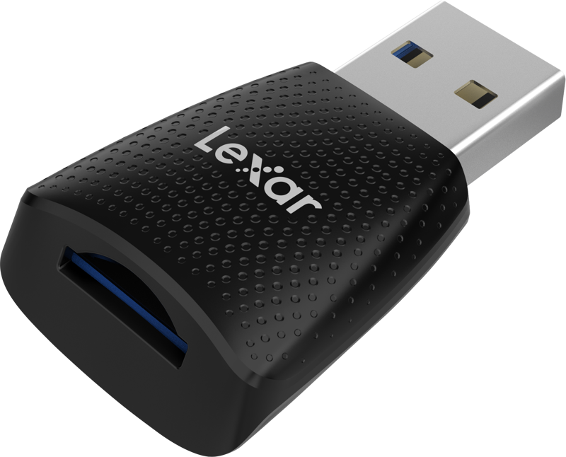 800q-01_121480 Lexar Cardreader microSD UHS-I (USB 3.2) -muistikortinlukijassa on musta kuvioitu muotoilu, muistikorttipaikka ja se liitetään tietokoneen USB-porttiin nopeaa tiedonsiirtoa varten.