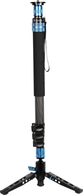 The Sirui P-424FL monopod, which is black and blue, features a foam-padded handle, three folding legs at the base and adjustable locking mechanisms. It is pictured standing upright against a white background.