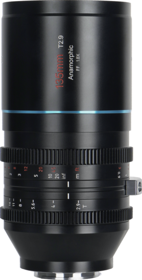 800q-01_122445 Sirui Anamorphic Lens Venus 1.8x FF 135mm T2.9 E-Mount -objektiivi on musta objektiivi, jossa on tarkennus- ja aukkorenkaat, yksityiskohtaiset merkinnät ja sininen korostusrengas lähellä yläreunaa.