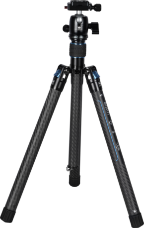800q-01_123654 The Sirui Traveler X-I Carbon Tripod Kit AT-125 + B00K is a black carbon fiber tripod with three adjustable legs, blue accents, ball head and quick release plate.