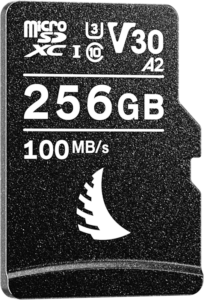 ANGELBIRD microSD AV PRO (V30) 256GB on musta kortti, jossa on valkoinen teksti, jossa lukee 256GB, 100MB/s, V30, A2, U3 ja Class 10. Alareunassa näkyy valkoinen kaareva logo.