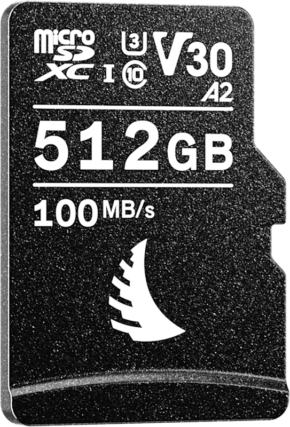 800q-01_123933 ANGELBIRD microSD AV PRO (V30) 512GB on musta microSDXC-kortti, jossa on valkoinen teksti, jossa lukee 512GB, 100 MB/s, A2, V30, U3, UHS-I-luokitukset, ja jossa on kaareva valkoinen logo alareunassa.