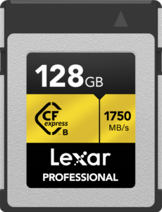 800q-01_123955 Lexar CFexpress Pro Gold R1900/W1500 128 Gt:n muistikortti, jossa on nopeat luku- ja kirjoitusnopeudet ja musta, keltainen ja hopeinen muotoilu.
