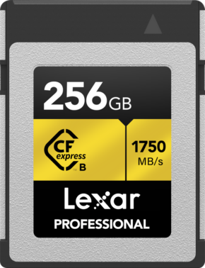800q-01_123956 Lexar CFexpress Pro Gold R1750/W1500 256GB -muistikortti tarjoaa 256 Gt:n kapasiteetin ja jopa 1750 MB/s lukunopeuden hopean, mustan ja keltaisen värisessä ulkoasussa.