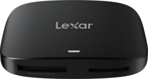 800q-01_124105 Musta Lexar Cardreader CFExpress Type B/SD UHS-II USB 3.2 Gen2 Reader -muistikortinlukija, jossa on kuvioitu pinta ja kaksi etupuolen korttipaikkaa, joihin on merkitty CFexpress Type B ja SD.