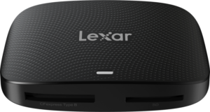 Black Lexar Cardreader CFExpress Type B/SD UHS-II USB 3.2 Gen2 Reader memory card reader with textured surface and two front card slots marked CFexpress Type B and SD.
