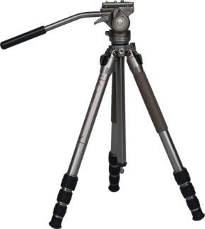 800q-01_124868 The Sirui Pilot Series GT04 tripod + GT5 video head is a silver-coloured professional tripod with three extendable legs, black rubber grips, twist lock and long handle for cameras or video equipment, shown with a plain base.