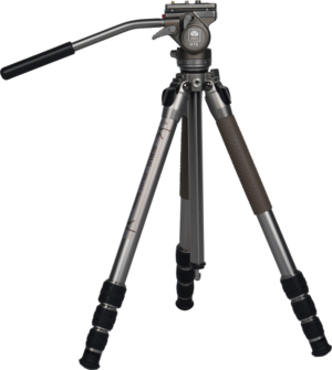 800q-01_124868 The Sirui Pilot Series GT04 tripod + GT5 video head is a silver-coloured professional tripod with three extendable legs, black rubber grips, twist lock and long handle for cameras or video equipment, shown with a plain base.