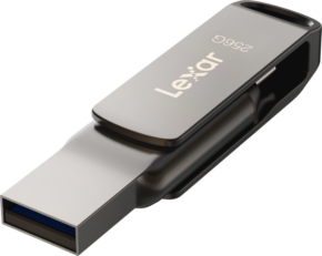 800q-01_125017 Lexar Jumpdrive Dual Drive D400 Type-C / Type-C & Type-A 256 Gt:n muistitikun metallisessa viimeistelyssä, joka on osittain laajentunut mustasta ja hopeisesta kotelostaan, näkyy USB-liitin ja Lexarin tuotemerkki.