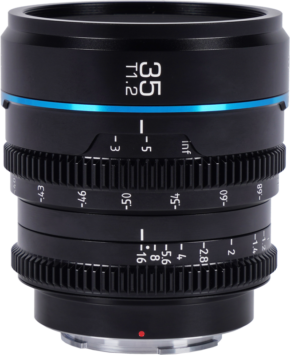 Close-up of the Sirui Cine Lens Nightwalker S35 35mm T1.2 E-Mount lens in black with blue highlights and focus and aperture rings with white markings for precise manual adjustment.