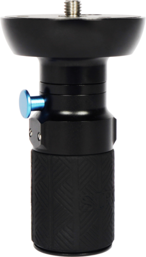 800q-01_125188 The Sirui Quick Release Handle QH-75 for 75mm Half Bowl is a black, cylindrical stand head with a textured handle, a flat circular mounting surface on top and a blue knob on the side.