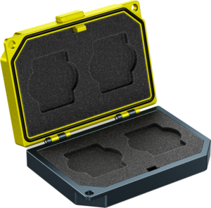 800q-01_125377 ANGELBIRD MEDIA TANK SD Cards is a yellow and black hard case with foam inserts designed to hold and protect two SD memory cards safely. When opened, the case reveals cut-outs shaped for the cards.