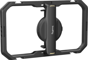 800q-01_126133 The SmallRig 4299 Universal Quick Release Mobile Phone Cage MC4 is a black smartphone video cage with a central handle and adjustable frame for stabilising and securing the phone during filming, with the SmallRig branding on the handle.
