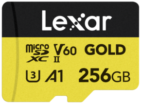 800q-01_126305 Lexar microSDXC GOLD UHS-II/C10/A1/U3 R280/W100 (V60) 256 Gt:n muistikortti, jossa on keltainen ja musta muotoilu.
