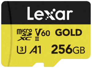 800q-01_126305 Lexar microSDXC GOLD UHS-II/C10/A1/U3 R280/W100 (V60) 256GB memory card with yellow and black design.