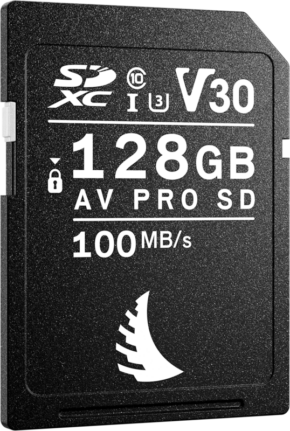 800q-01_126489 ANGELBIRD SD AV PRO SDXC UHS-I R100/W92 (V30) 128GB -kortti on musta, siinä on merkintä "128GB AV PRO SD", nopeusluokitus 100 MB/s, V30, U3 ja Class 10 sekä valkoinen logo alareunassa.