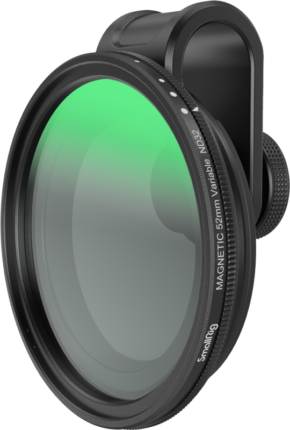 800q-01_126798 A close-up of the SmallRig 4387 VND Filter Kit 1-5 stop with Universal Filter Adapter 52mm shows its magnetic ND32 variable filter, the green reflection of the glass, the clear brand name and the precise adjustment markings.