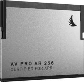 800q-01_127424 Close-up of the ANGELBIRD ARRI AV PRO AR CFast 2.0 256GB card with silver metallic finish, black border and bird logo in the top right corner. The text reads AV PRO AR 256 CERTIFIED FOR ARRI.