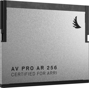 800q-01_127424 Close-up of the ANGELBIRD ARRI AV PRO AR CFast 2.0 256GB card with silver metallic finish, black border and bird logo in the top right corner. The text reads AV PRO AR 256 CERTIFIED FOR ARRI.