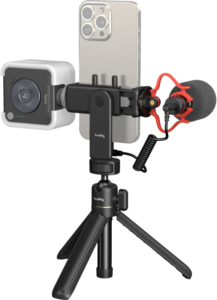 800q-01_127426 SmallRig 4369 Smartphone Vlog Tripod Kit VK-50 Advanced Version tarjoaa kompaktin videoasennuksen, jossa on älypuhelimen kiinnike, jalusta, ulkoinen mikrofoni ja LED-valo laadukasta tallennusta varten.