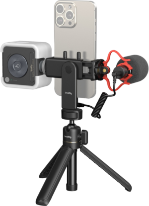 800q-01_127426 SmallRig 4369 Smartphone Vlog Tripod Kit VK-50 Advanced Version tarjoaa kompaktin videoasennuksen, jossa on älypuhelimen kiinnike, jalusta, ulkoinen mikrofoni ja LED-valo laadukasta tallennusta varten.