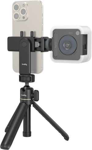800q-01_127427 A smartphone mounted on a tripod with an LED light panel, all supported by the compact, black SmallRig 4367 Smartphone Vlog Tripod Kit VK-30 Advanced Version.