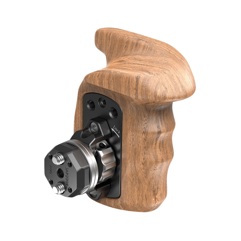 800q-02_114058 SmallRig 2757 Left Side Wooden Grip w. Arri Rosette -mallissa on ergonominen, muotoiltu muotoilu, jossa on sormiurat ja joka on kiinnitetty mustaan metallikannattimeen ja pyörivään mekanismiin, kuvassa valkoista taustaa vasten.