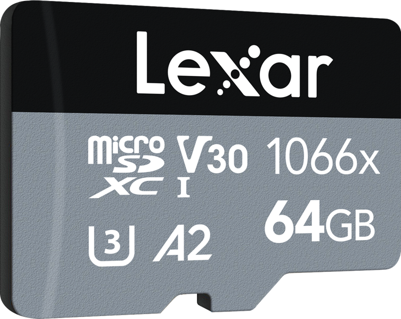 800q-02_115320 Lexar microSDHC SILVER 1066x UHS-I/U1/A2 R160/W70 (V30) 64 Gt:n muistikortti näkyy mustalla ja harmaalla pohjalla.