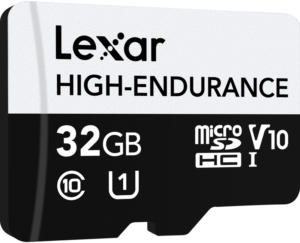 800q-02_115322 Lexar microSDXC High-Endurance UHS-I/U3/10 -muistikortti (V30), kapasiteetti 32 Gt, lukunopeus jopa 100 Mt/s ja kirjoitusnopeus jopa 35 Mt/s, tyylikäs mustavalkoinen muotoilu.