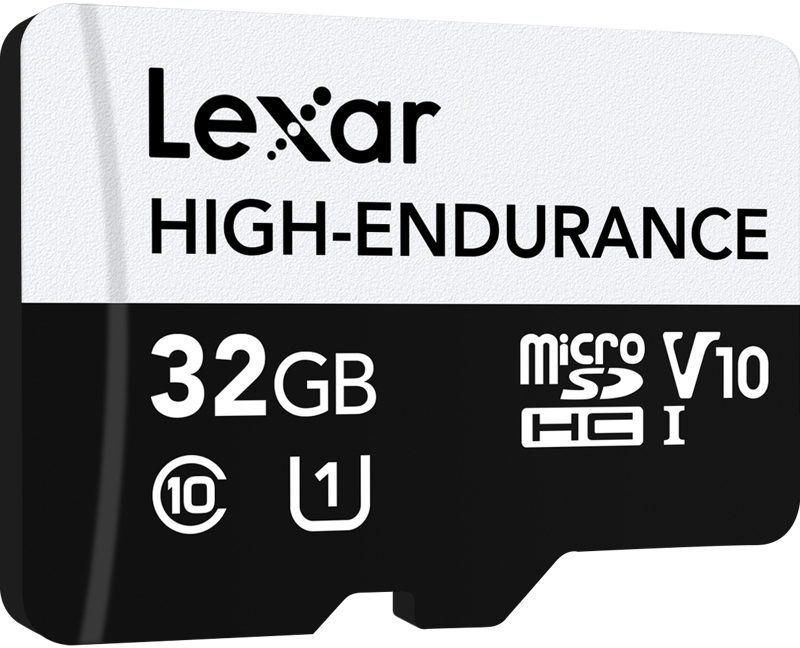 800q-02_115322 Lexar microSDXC High-Endurance UHS-I/U3/10 -muistikortti (V30), kapasiteetti 32 Gt, lukunopeus jopa 100 Mt/s ja kirjoitusnopeus jopa 35 Mt/s, tyylikäs mustavalkoinen muotoilu.