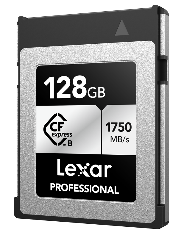 800q-02_116943 Lexar CFexpress Pro Silver Serie R1750/W1300 128GB -muistikortti, joka tarjoaa jopa 1750 MB/s nopeuden, on kuvassa tavallista taustaa vasten.