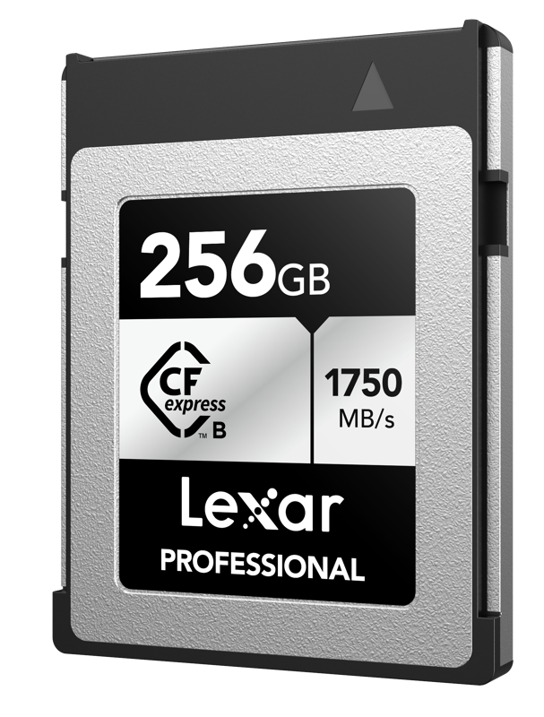 Lexar CFexpress Pro Silver Serie R1750/W1300 256GB muistikortti tarjoaa 256GB kapasiteetin ja jopa 1750 MB/s nopeuden, hopean ja mustan muotoilun, jossa on logo ja tekniset tiedot edessä.