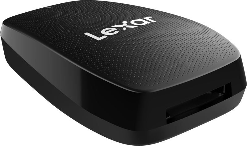 800q-02_116972 Musta Lexar LRW550U CFexpress Type B USB 3.2 -kortinlukija, jossa on kuvioitu yläosa ja korttipaikka edessä, on kuvattu valkoista taustaa vasten.