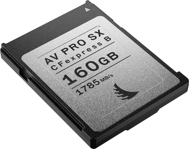800q-02_118556 ANGELBIRD AV PRO Type B CFexpress SX 160GB -muistikortti, musta ja hopea, jonka nopeusluokitus on 1785 MB/s, on kuvassa tavallisella pohjalla.