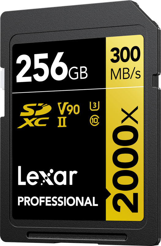 800q-02_118772 Lähikuva Lexar Pro 2000X SDHC/SDXC UHS-II U3 (V90) 256 Gt:n muistikortista, jossa on R300/W260-nopeudet ja musta-keltainen muotoilu.