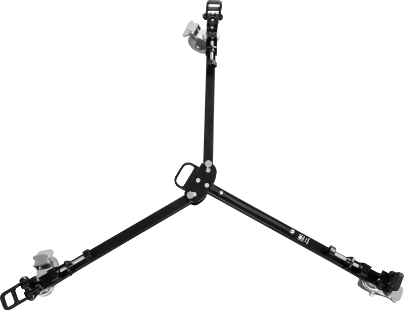800q-02_118828 Sirui DT-06 Tripod Slider Dolly on musta dolly, jossa on kolme ulosvedettävää jalkaa, joissa jokaisessa on lukittava telapyörä tasaista liikettä ja vakautta varten tasaisilla pinnoilla.