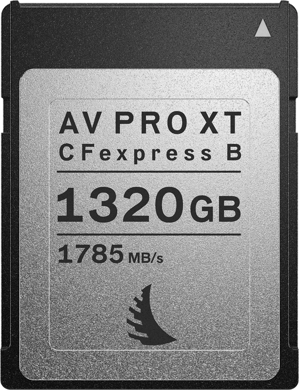 ANGELBIRD AV PRO CFexpress XT MK2 Type B 1320GB -kortissa on hopean ja mustan värinen muotoilu, "AV PRO XT" -merkintä, 1785 MB/s lukunopeus sekä kolmiomainen symboli ja aaltologo.
