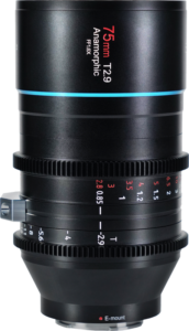 800q-02_119106 Sirui Anamorphic Lens Venus 1.6x FF 75mm T2.9 E-Mount on musta objektiivi, jossa on punaiset ja valkoiset merkinnät, tarkennus- ja aukkorenkaat sekä E-mount-jalusta.