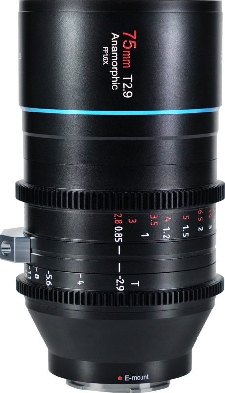 800q-02_119106 Sirui Anamorphic Lens Venus 1.6x FF 75mm T2.9 E-Mount on musta objektiivi, jossa on punaiset ja valkoiset merkinnät, tarkennus- ja aukkorenkaat sekä E-mount-jalusta.